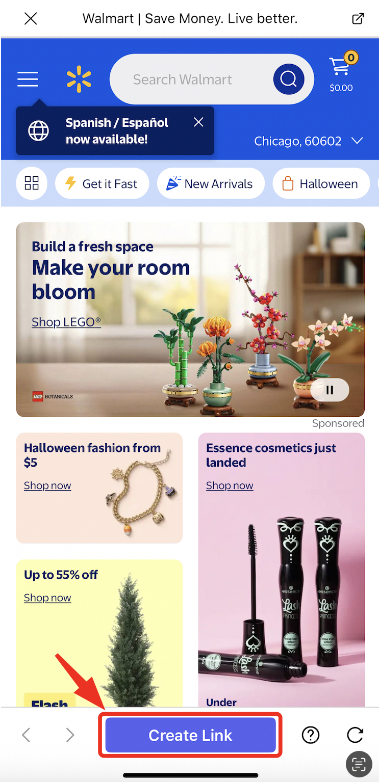 Product link creation screenshot